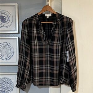Cloth & Stone Women’s Size M Black Tan Maplewood Plaid Long Sleeve Blouse NWT